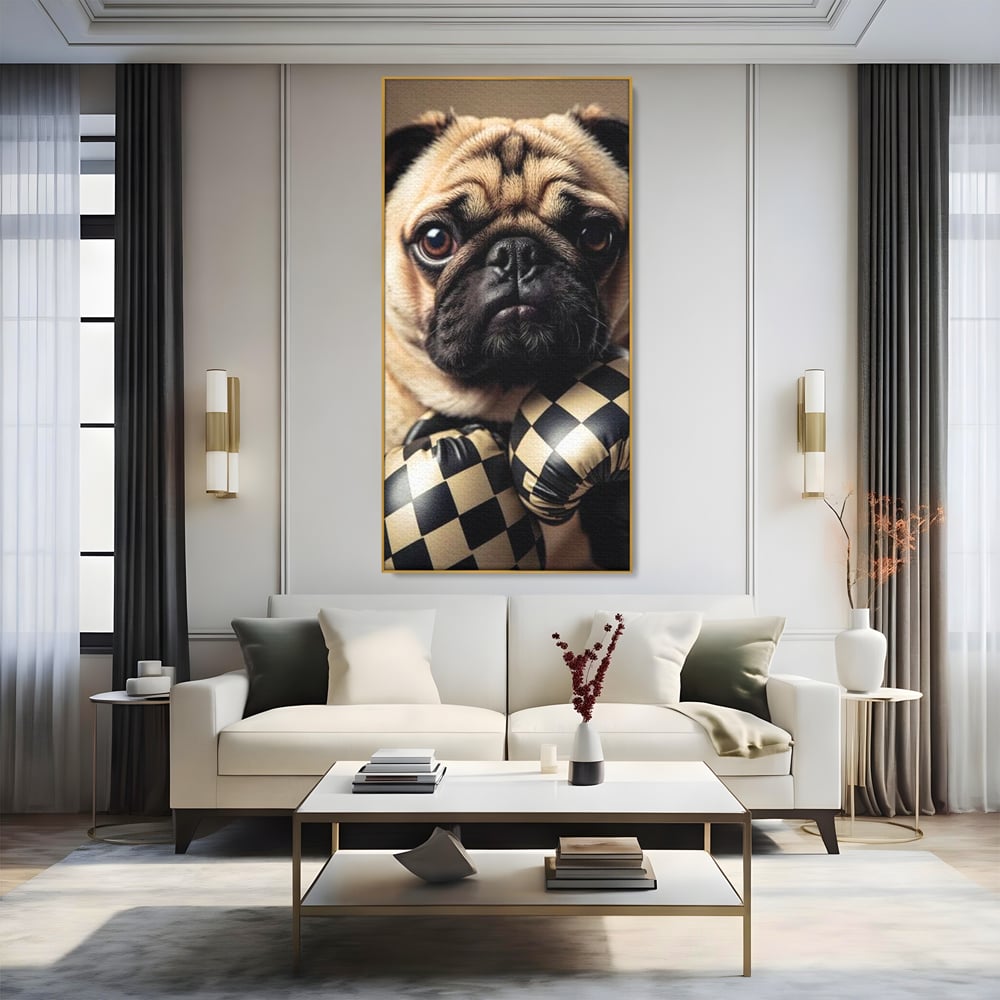 Fotoleinwand Canvas Premium, LuxCanva® M1269, Champion mit umgedrehter Schnauze, Mops, Handschuhe, Boxen, Sport, Energie, mutig, Aussehen, Kämpfer, Champion, Sieger, lustig, Portrait, Büro, Wohnen, Kinderzimmer