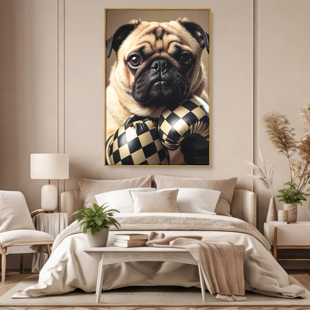 Fotoleinwand Canvas Premium, LuxCanva® M1269, Champion mit umgedrehter Schnauze, Mops, Handschuhe, Boxen, Sport, Energie, mutig, Aussehen, Kämpfer, Champion, Sieger, lustig, Portrait, Büro, Wohnen, Kinderzimmer