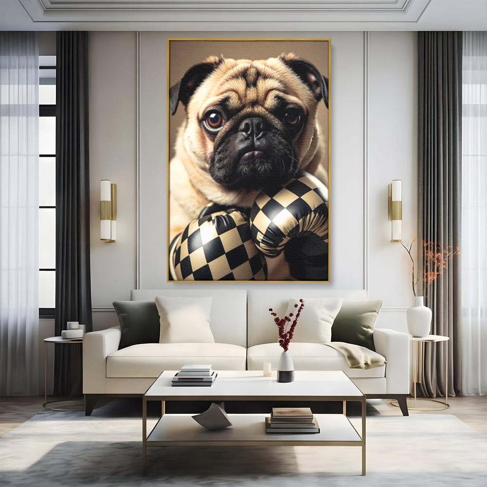 Fotoleinwand Canvas Premium, LuxCanva® M1269, Champion mit umgedrehter Schnauze, Mops, Handschuhe, Boxen, Sport, Energie, mutig, Aussehen, Kämpfer, Champion, Sieger, lustig, Portrait, Büro, Wohnen, Kinderzimmer