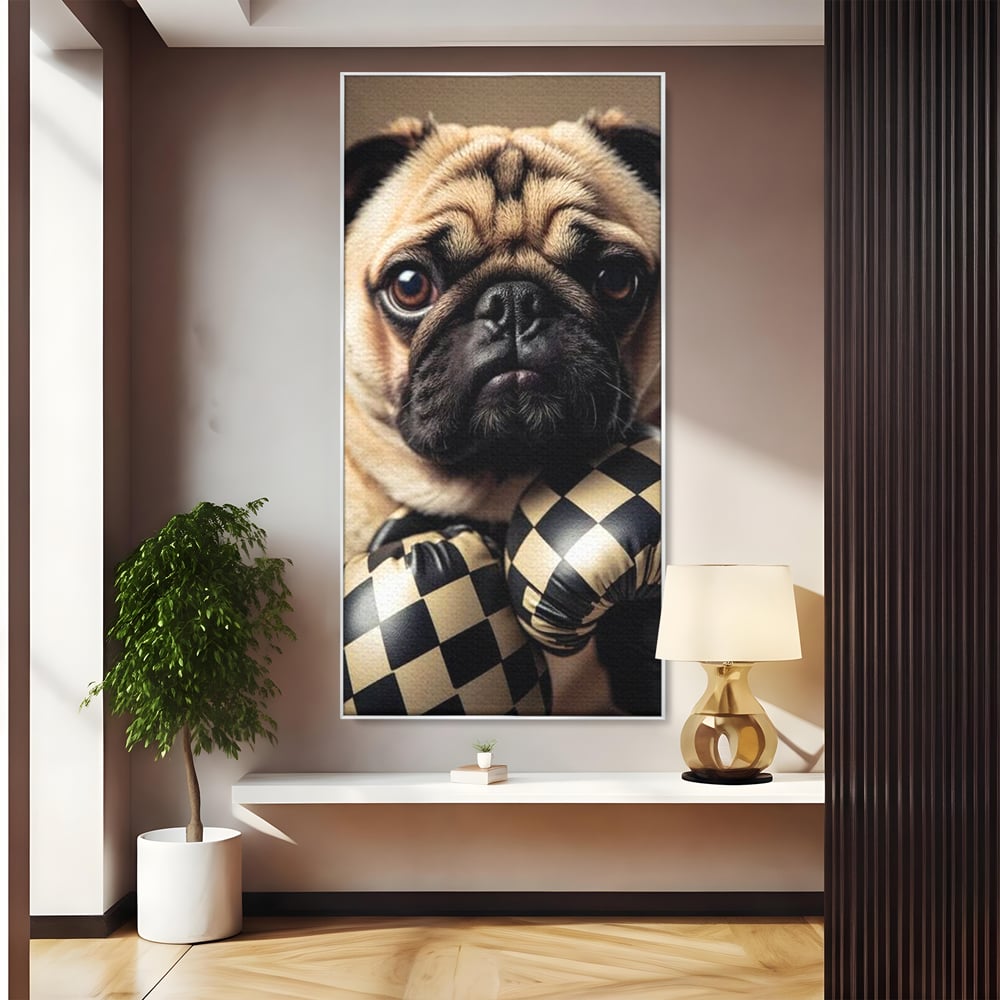 Fotoleinwand Canvas Premium, LuxCanva® M1269, Champion mit umgedrehter Schnauze, Mops, Handschuhe, Boxen, Sport, Energie, mutig, Aussehen, Kämpfer, Champion, Sieger, lustig, Portrait, Büro, Wohnen, Kinderzimmer