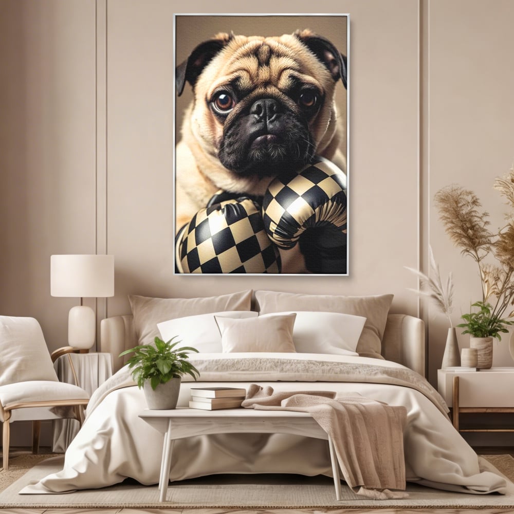 Fotoleinwand Canvas Premium, LuxCanva® M1269, Champion mit umgedrehter Schnauze, Mops, Handschuhe, Boxen, Sport, Energie, mutig, Aussehen, Kämpfer, Champion, Sieger, lustig, Portrait, Büro, Wohnen, Kinderzimmer