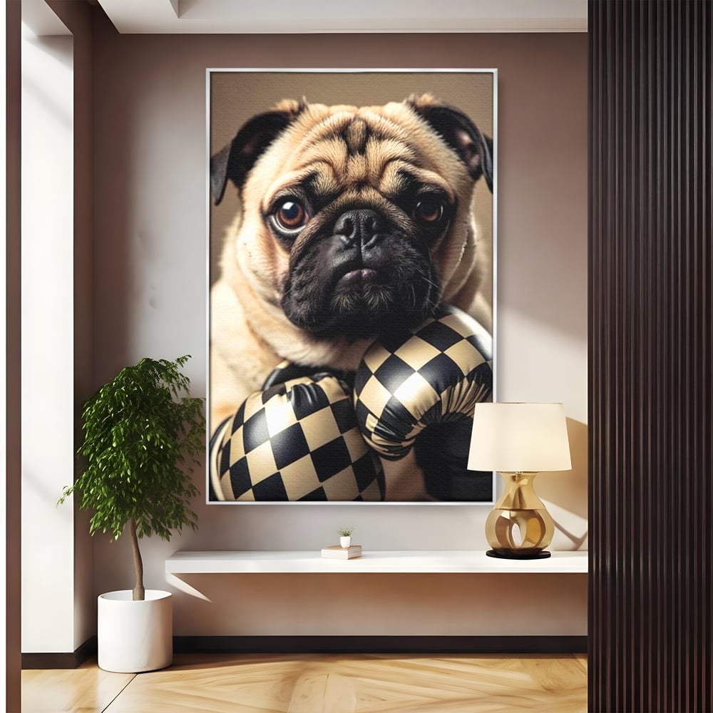 Fotoleinwand Canvas Premium, LuxCanva® M1269, Champion mit umgedrehter Schnauze, Mops, Handschuhe, Boxen, Sport, Energie, mutig, Aussehen, Kämpfer, Champion, Sieger, lustig, Portrait, Büro, Wohnen, Kinderzimmer