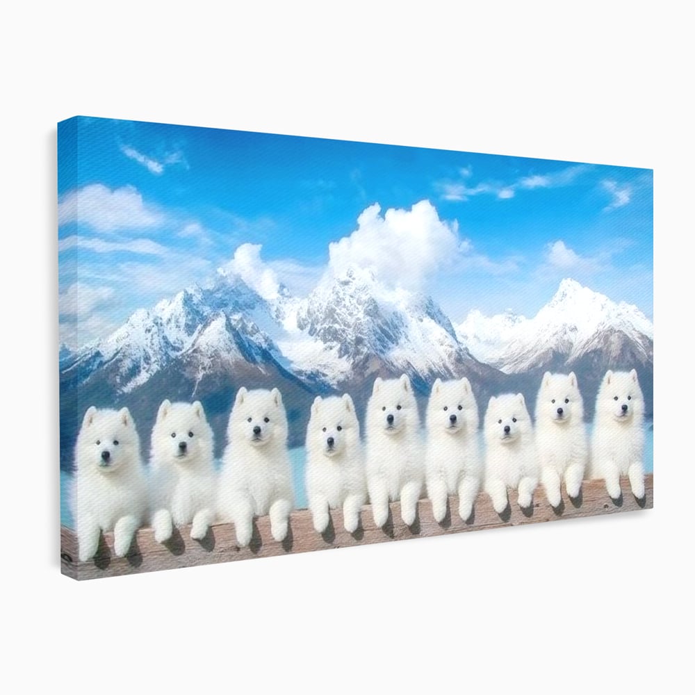 Tablou Canvas Premium, LuxCanva® M1270, Micutii Alpinisti, Peisaj, Munti, Catei, Pufosenii, Iarna, Zapada, Nori, Grup, Prieteni, Senin, Panorama, Natura, Birou, Living, Camera Copil