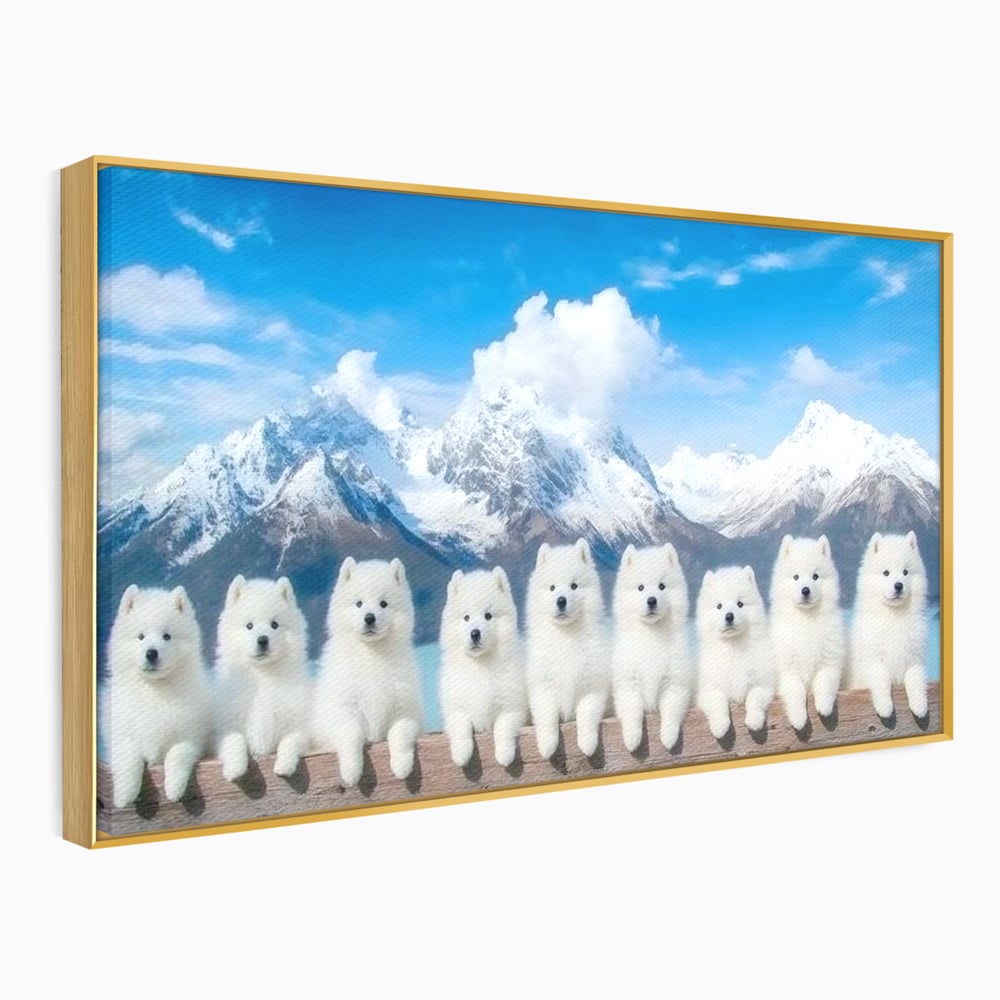 Tablou Canvas Premium, LuxCanva® M1270, Micutii Alpinisti, Peisaj, Munti, Catei, Pufosenii, Iarna, Zapada, Nori, Grup, Prieteni, Senin, Panorama, Natura, Birou, Living, Camera Copil