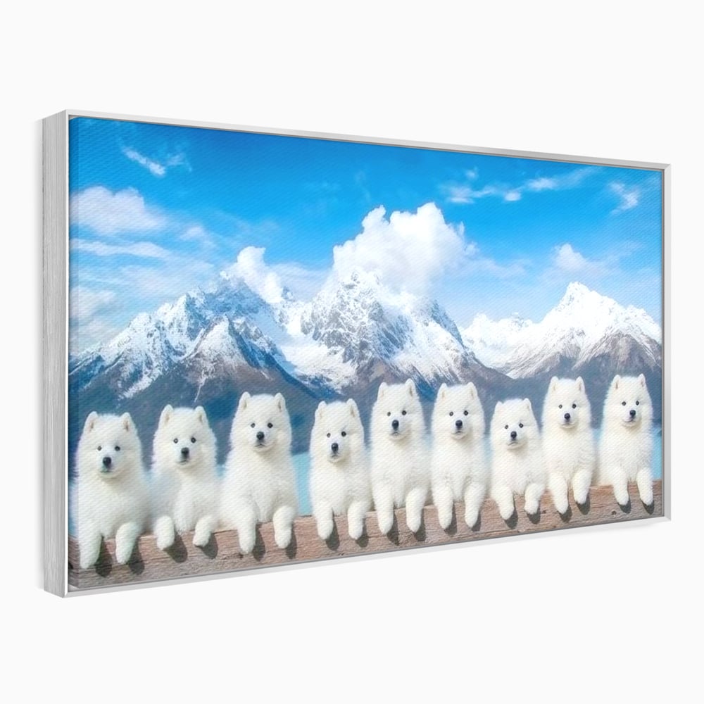 Tablou Canvas Premium, LuxCanva® M1270, Micutii Alpinisti, Peisaj, Munti, Catei, Pufosenii, Iarna, Zapada, Nori, Grup, Prieteni, Senin, Panorama, Natura, Birou, Living, Camera Copil