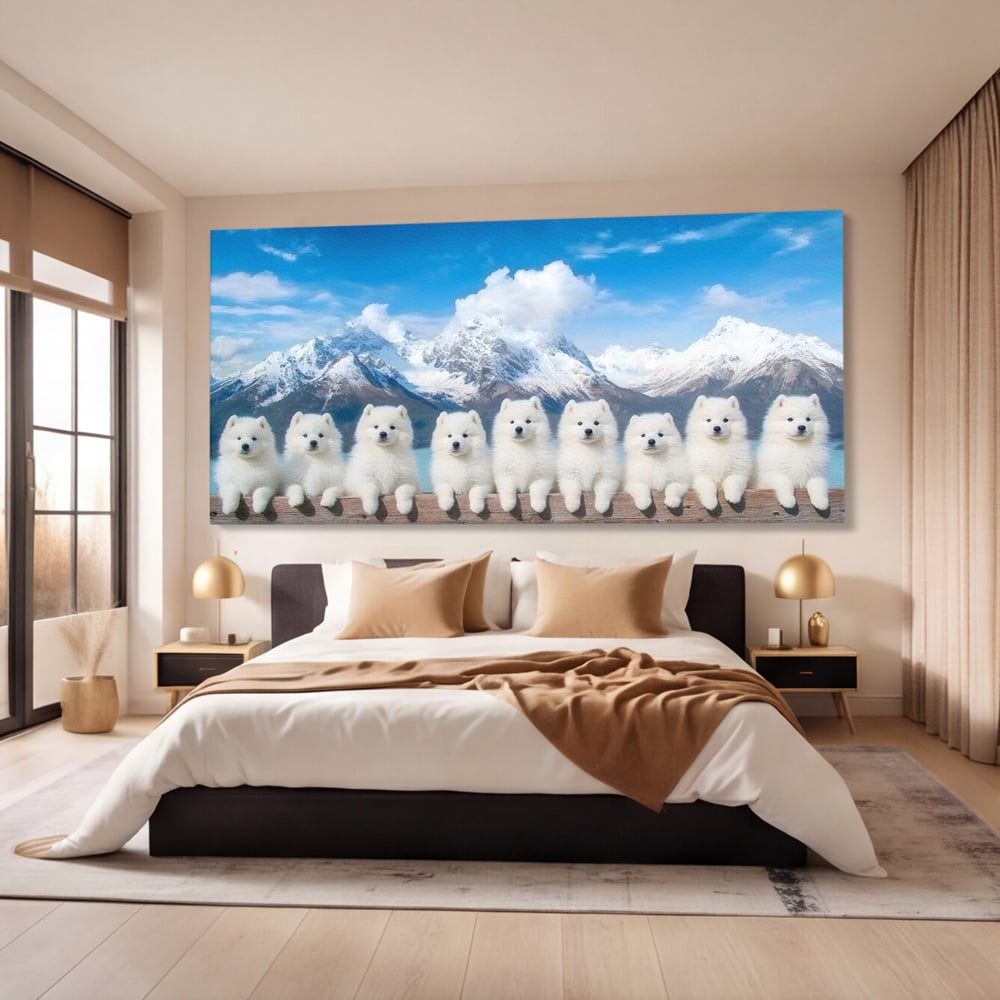 Tablou Canvas Premium, LuxCanva® M1270, Micutii Alpinisti, Peisaj, Munti, Catei, Pufosenii, Iarna, Zapada, Nori, Grup, Prieteni, Senin, Panorama, Natura, Birou, Living, Camera Copil
