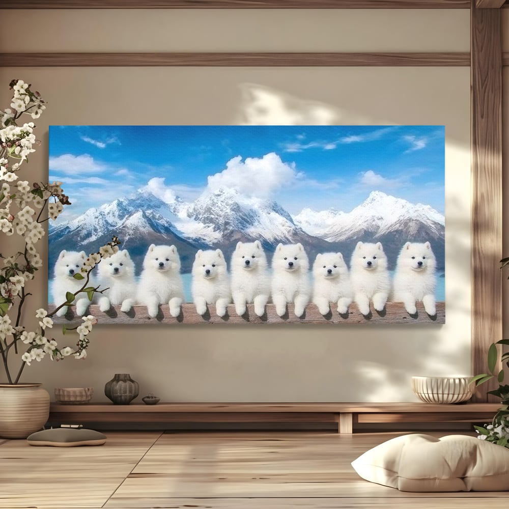 Tablou Canvas Premium, LuxCanva® M1270, Micutii Alpinisti, Peisaj, Munti, Catei, Pufosenii, Iarna, Zapada, Nori, Grup, Prieteni, Senin, Panorama, Natura, Birou, Living, Camera Copil