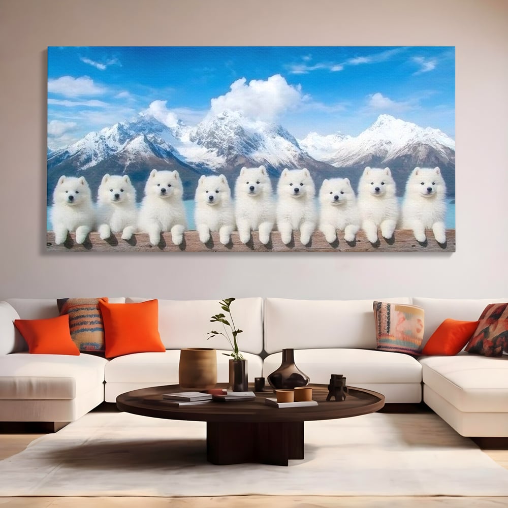 Tablou Canvas Premium, LuxCanva® M1270, Micutii Alpinisti, Peisaj, Munti, Catei, Pufosenii, Iarna, Zapada, Nori, Grup, Prieteni, Senin, Panorama, Natura, Birou, Living, Camera Copil