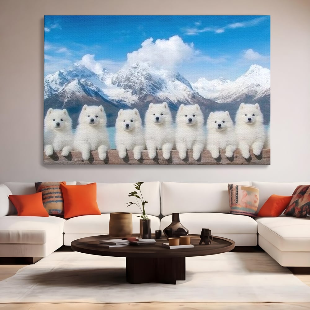Tablou Canvas Premium, LuxCanva® M1270, Micutii Alpinisti, Peisaj, Munti, Catei, Pufosenii, Iarna, Zapada, Nori, Grup, Prieteni, Senin, Panorama, Natura, Birou, Living, Camera Copil