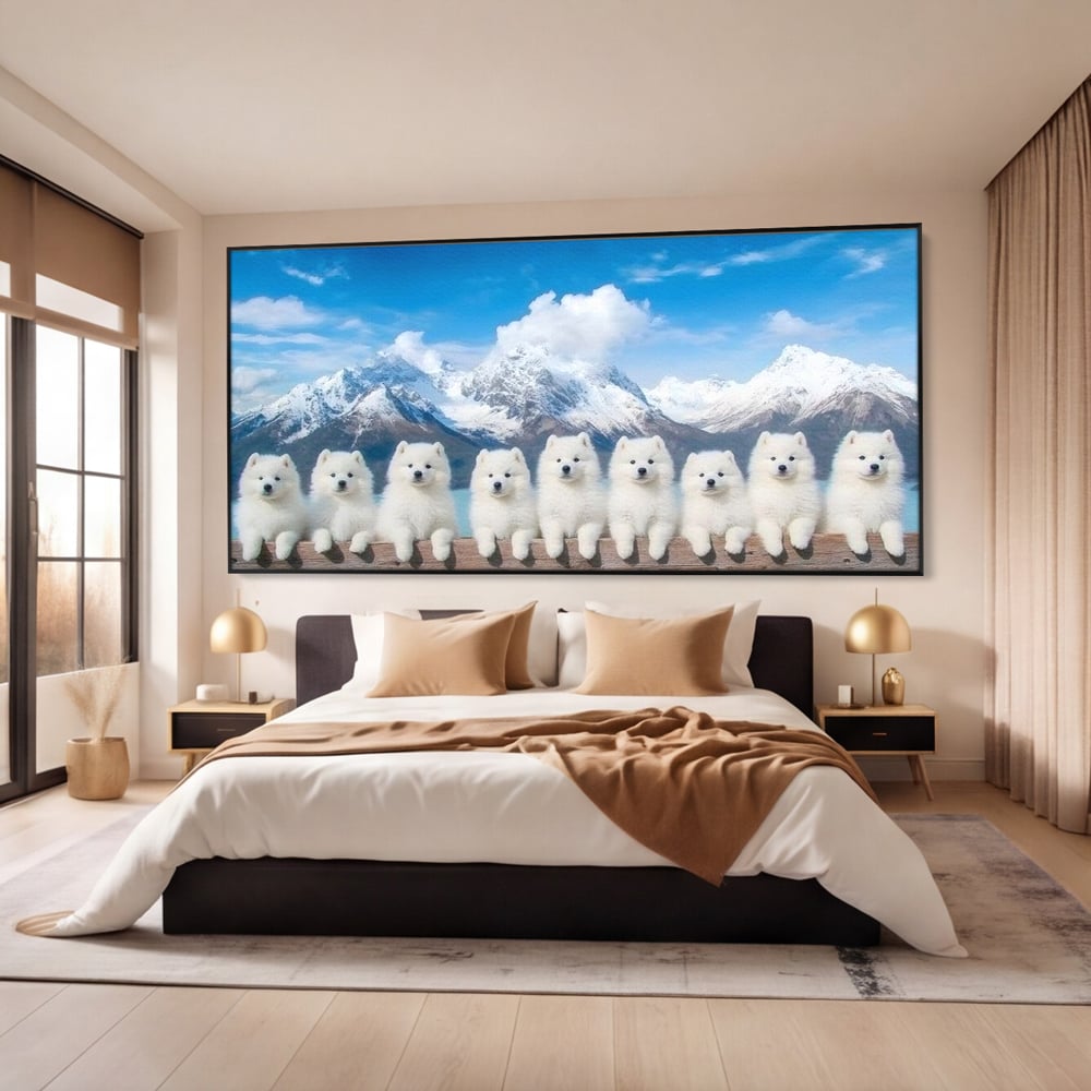 Tablou Canvas Premium, LuxCanva® M1270, Micutii Alpinisti, Peisaj, Munti, Catei, Pufosenii, Iarna, Zapada, Nori, Grup, Prieteni, Senin, Panorama, Natura, Birou, Living, Camera Copil