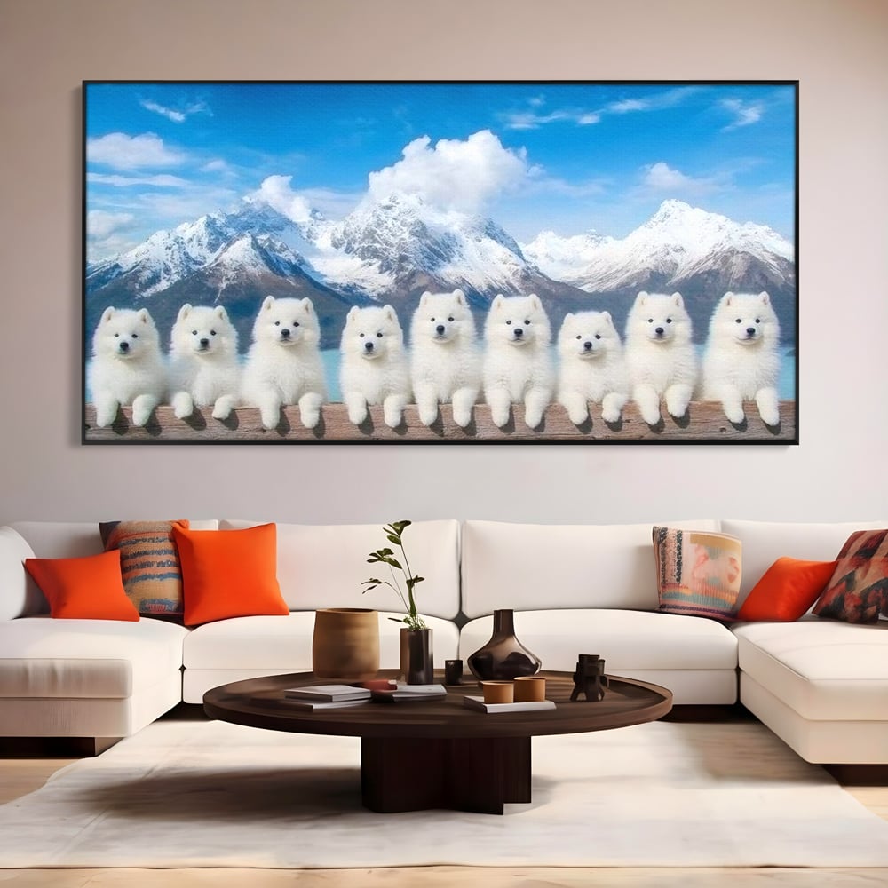 Tablou Canvas Premium, LuxCanva® M1270, Micutii Alpinisti, Peisaj, Munti, Catei, Pufosenii, Iarna, Zapada, Nori, Grup, Prieteni, Senin, Panorama, Natura, Birou, Living, Camera Copil