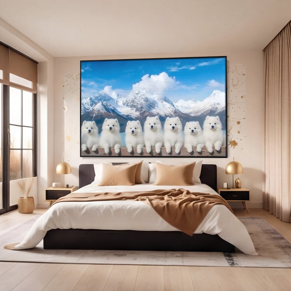 Tablou Canvas Premium, LuxCanva® M1270, Micutii Alpinisti, Peisaj, Munti, Catei, Pufosenii, Iarna, Zapada, Nori, Grup, Prieteni, Senin, Panorama, Natura, Birou, Living, Camera Copil