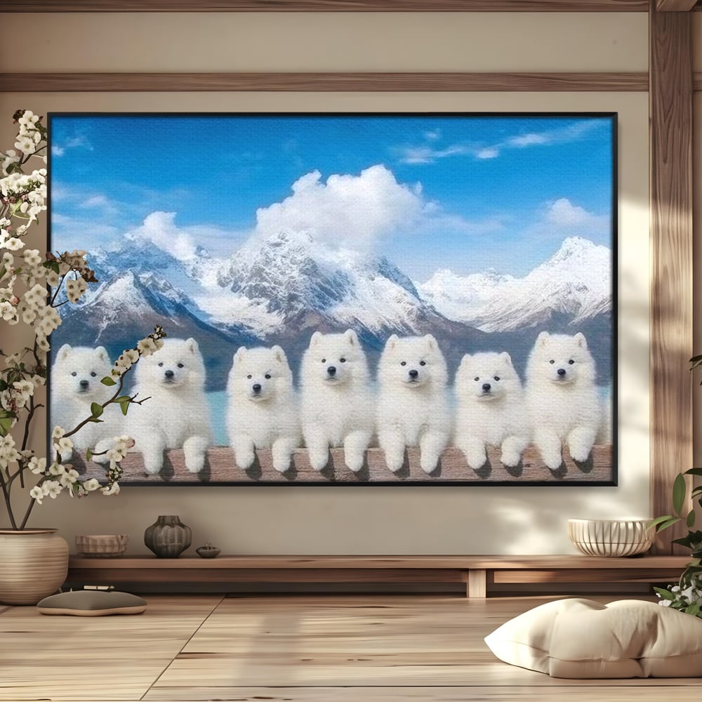 Tablou Canvas Premium, LuxCanva® M1270, Micutii Alpinisti, Peisaj, Munti, Catei, Pufosenii, Iarna, Zapada, Nori, Grup, Prieteni, Senin, Panorama, Natura, Birou, Living, Camera Copil