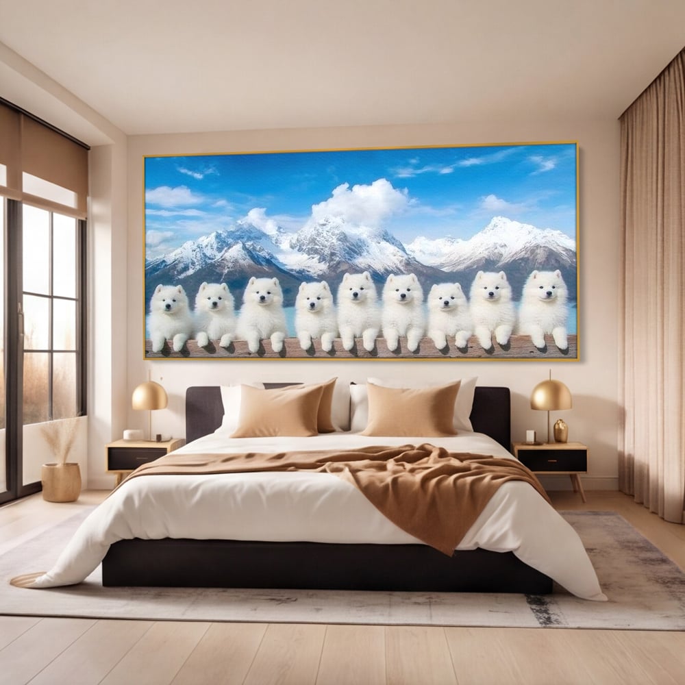 Tablou Canvas Premium, LuxCanva® M1270, Micutii Alpinisti, Peisaj, Munti, Catei, Pufosenii, Iarna, Zapada, Nori, Grup, Prieteni, Senin, Panorama, Natura, Birou, Living, Camera Copil