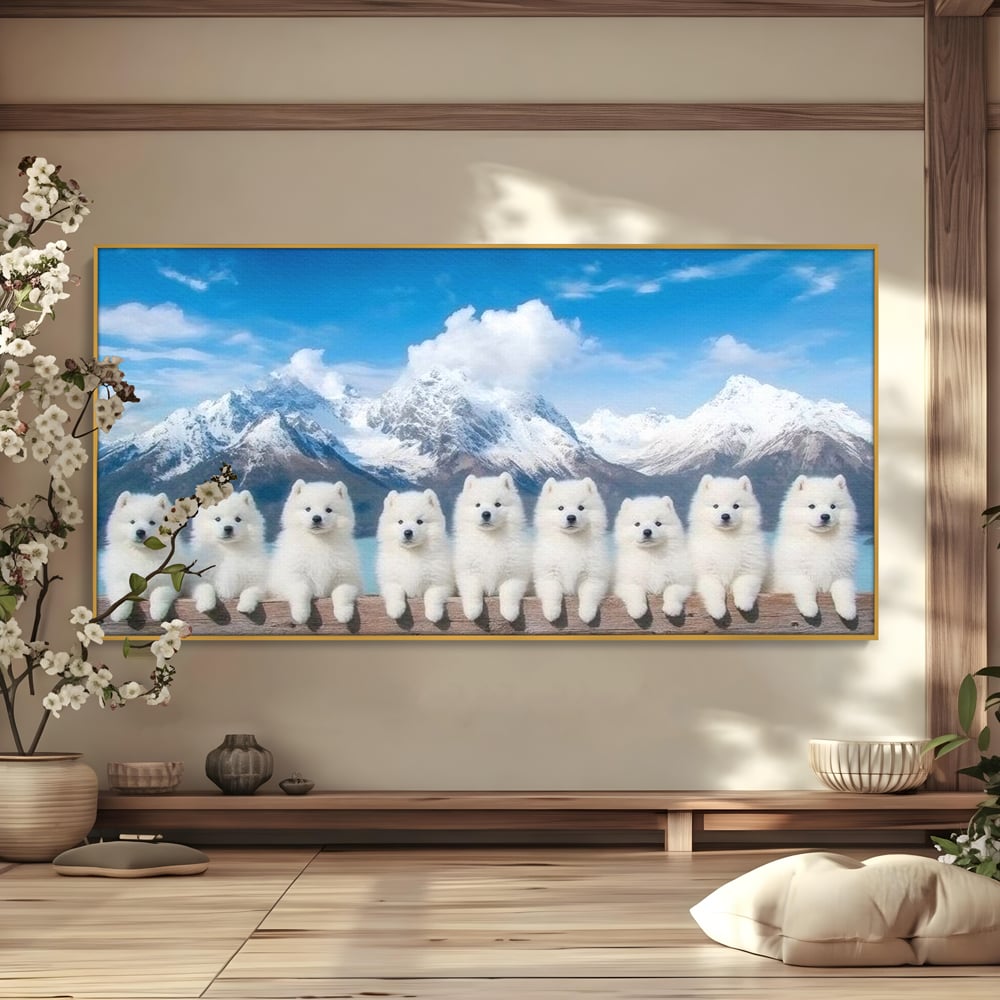 Tablou Canvas Premium, LuxCanva® M1270, Micutii Alpinisti, Peisaj, Munti, Catei, Pufosenii, Iarna, Zapada, Nori, Grup, Prieteni, Senin, Panorama, Natura, Birou, Living, Camera Copil