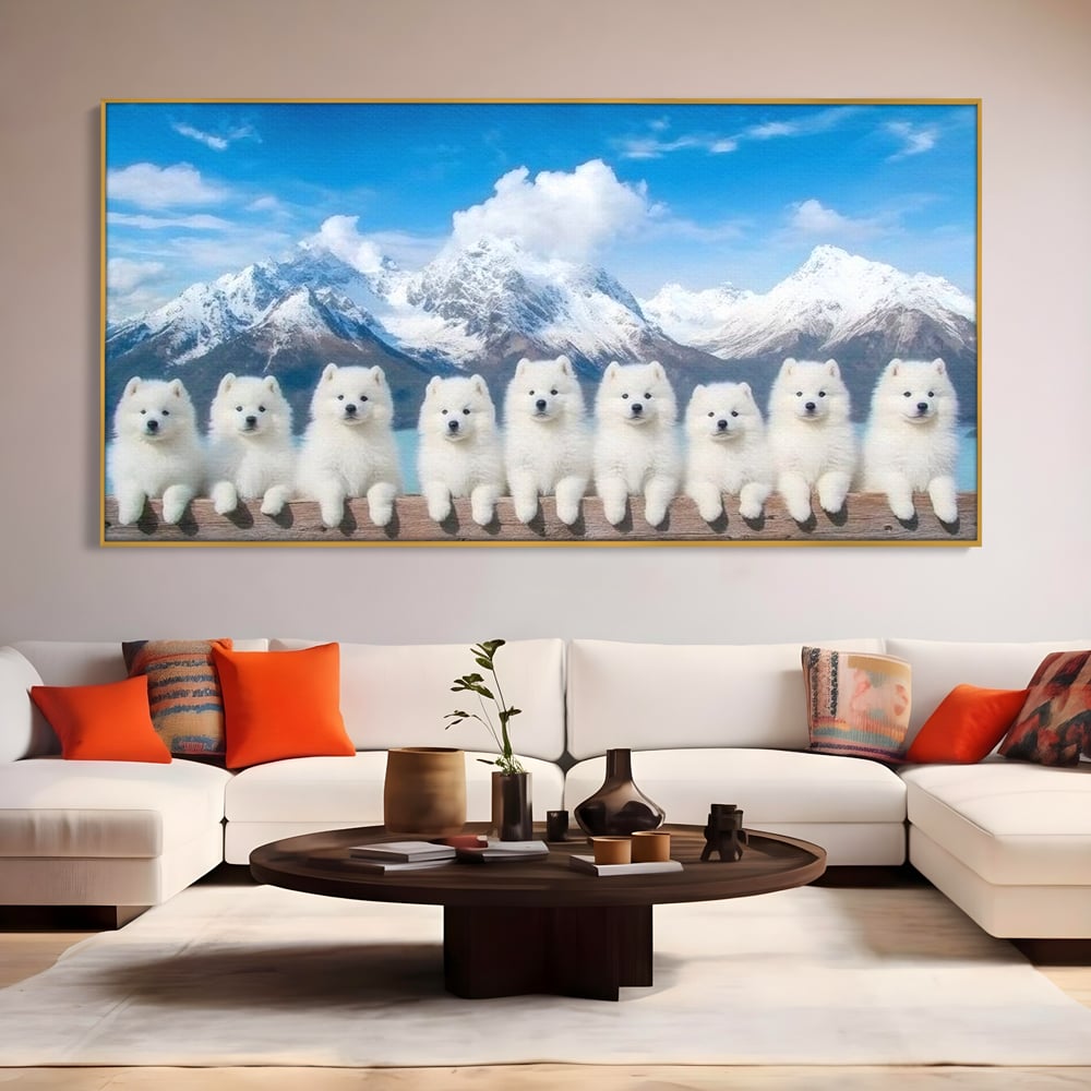 Tablou Canvas Premium, LuxCanva® M1270, Micutii Alpinisti, Peisaj, Munti, Catei, Pufosenii, Iarna, Zapada, Nori, Grup, Prieteni, Senin, Panorama, Natura, Birou, Living, Camera Copil