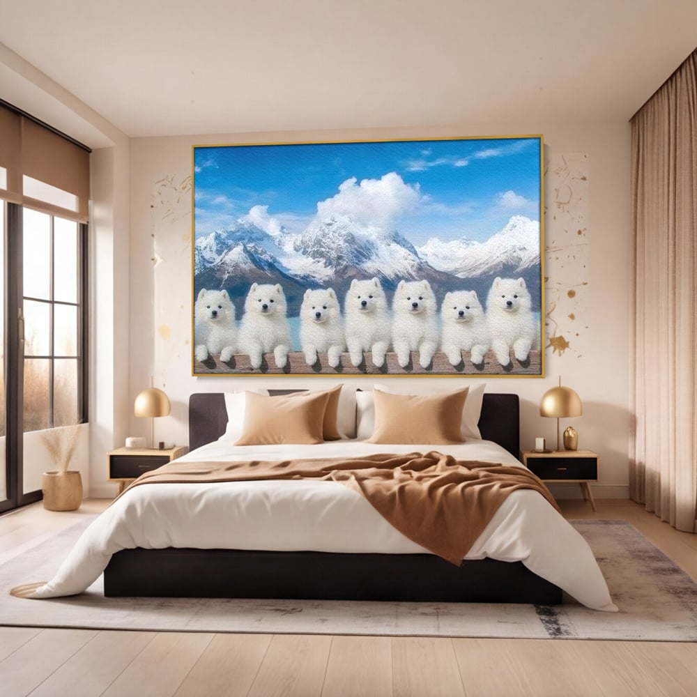 Tablou Canvas Premium, LuxCanva® M1270, Micutii Alpinisti, Peisaj, Munti, Catei, Pufosenii, Iarna, Zapada, Nori, Grup, Prieteni, Senin, Panorama, Natura, Birou, Living, Camera Copil