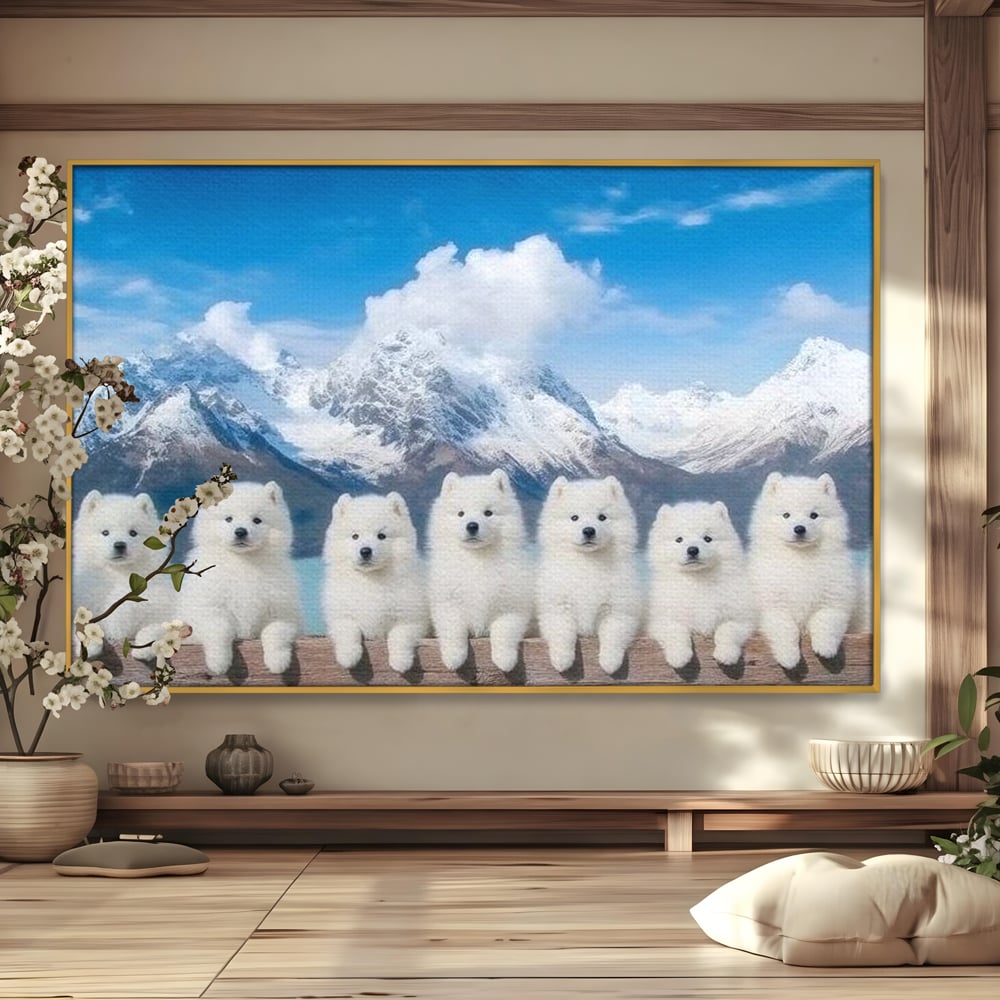 Tablou Canvas Premium, LuxCanva® M1270, Micutii Alpinisti, Peisaj, Munti, Catei, Pufosenii, Iarna, Zapada, Nori, Grup, Prieteni, Senin, Panorama, Natura, Birou, Living, Camera Copil