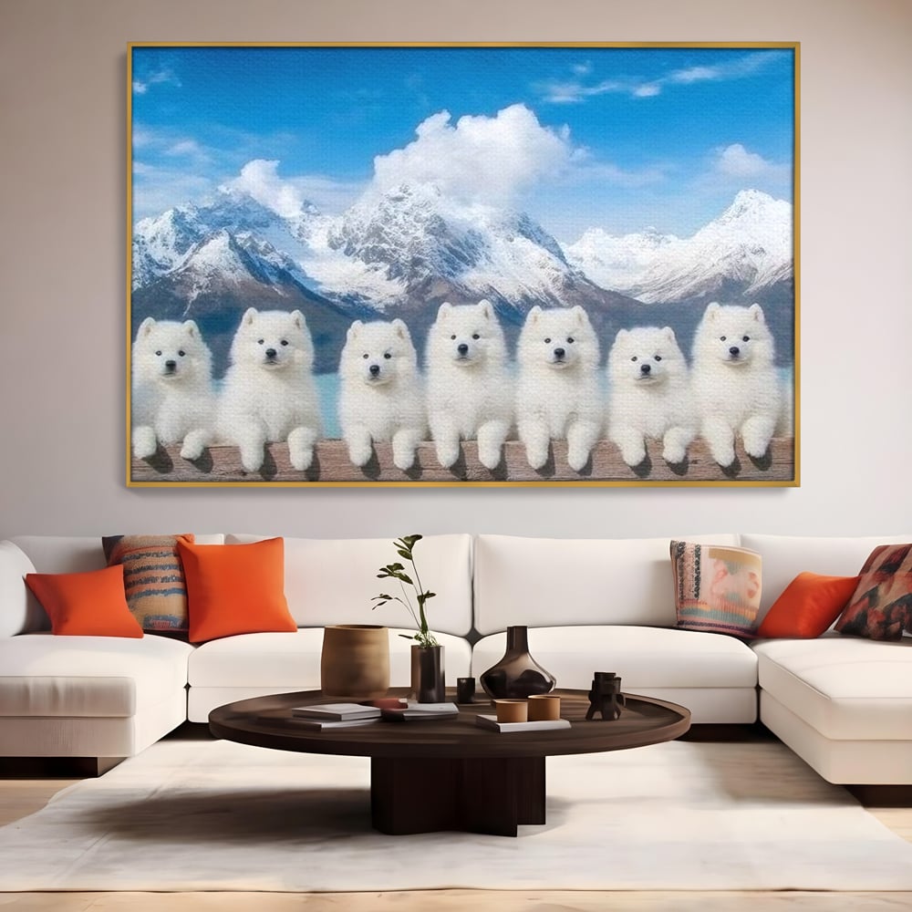 Tablou Canvas Premium, LuxCanva® M1270, Micutii Alpinisti, Peisaj, Munti, Catei, Pufosenii, Iarna, Zapada, Nori, Grup, Prieteni, Senin, Panorama, Natura, Birou, Living, Camera Copil
