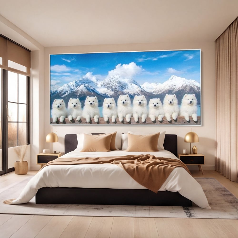 Tablou Canvas Premium, LuxCanva® M1270, Micutii Alpinisti, Peisaj, Munti, Catei, Pufosenii, Iarna, Zapada, Nori, Grup, Prieteni, Senin, Panorama, Natura, Birou, Living, Camera Copil