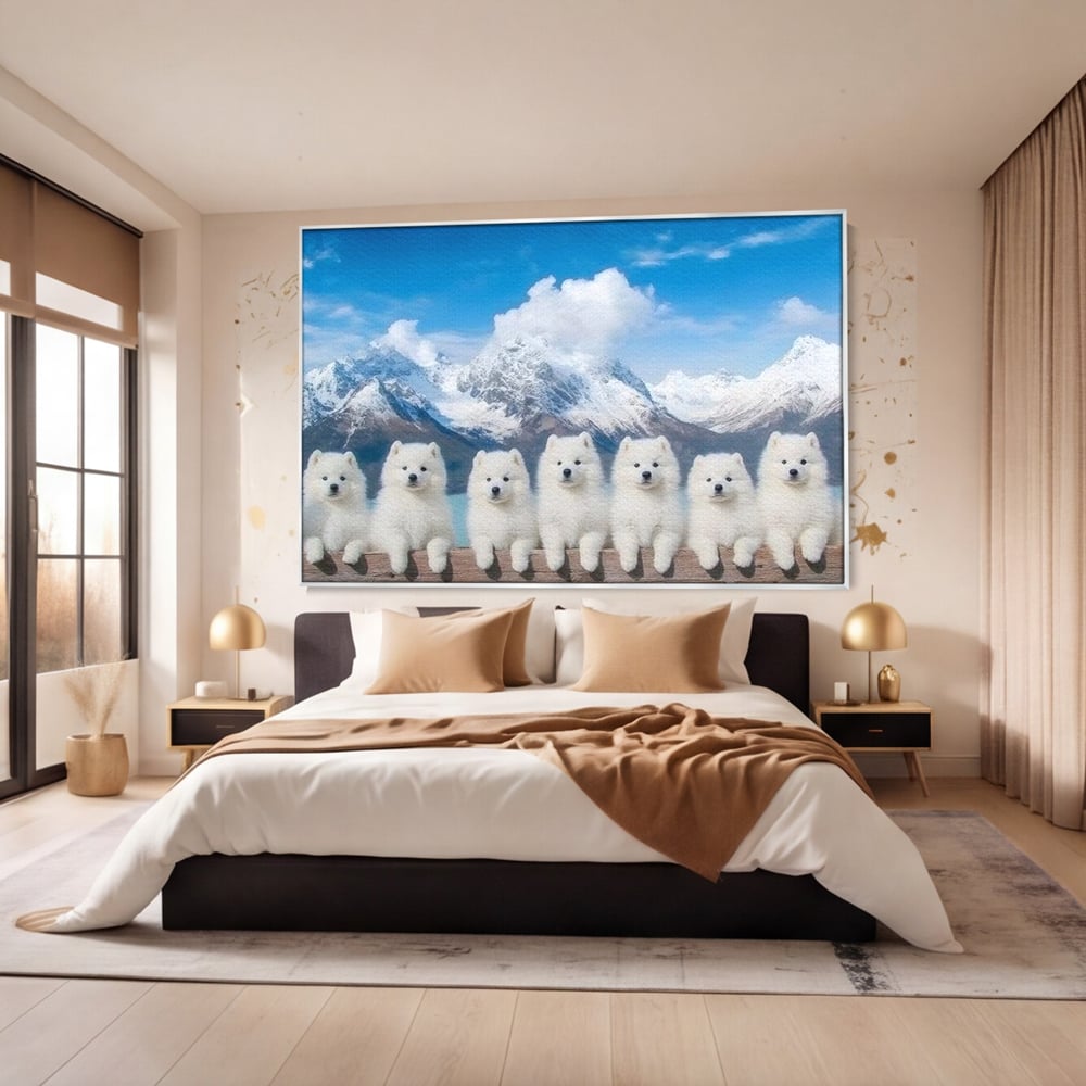 Tablou Canvas Premium, LuxCanva® M1270, Micutii Alpinisti, Peisaj, Munti, Catei, Pufosenii, Iarna, Zapada, Nori, Grup, Prieteni, Senin, Panorama, Natura, Birou, Living, Camera Copil