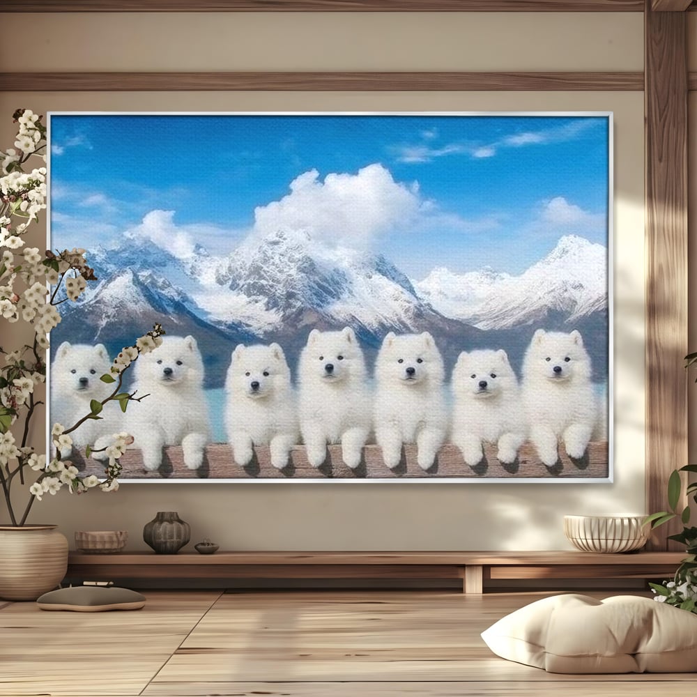 Tablou Canvas Premium, LuxCanva® M1270, Micutii Alpinisti, Peisaj, Munti, Catei, Pufosenii, Iarna, Zapada, Nori, Grup, Prieteni, Senin, Panorama, Natura, Birou, Living, Camera Copil