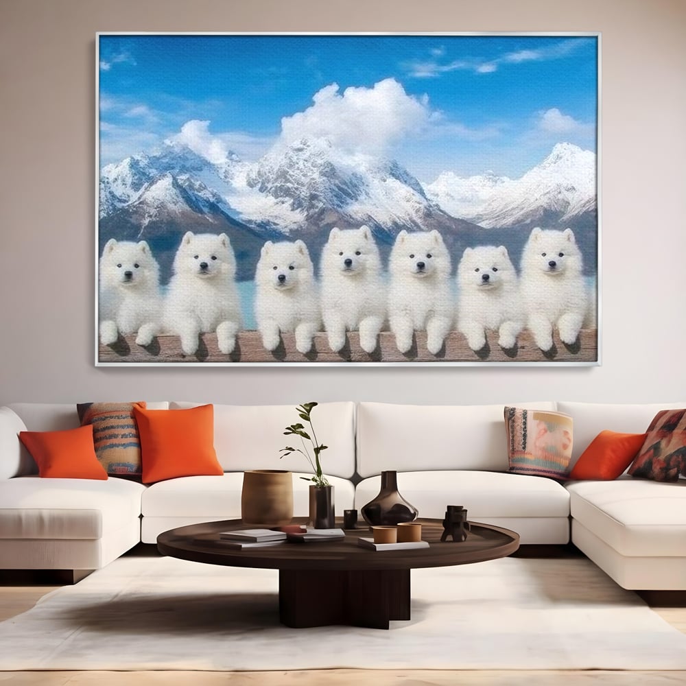 Tablou Canvas Premium, LuxCanva® M1270, Micutii Alpinisti, Peisaj, Munti, Catei, Pufosenii, Iarna, Zapada, Nori, Grup, Prieteni, Senin, Panorama, Natura, Birou, Living, Camera Copil