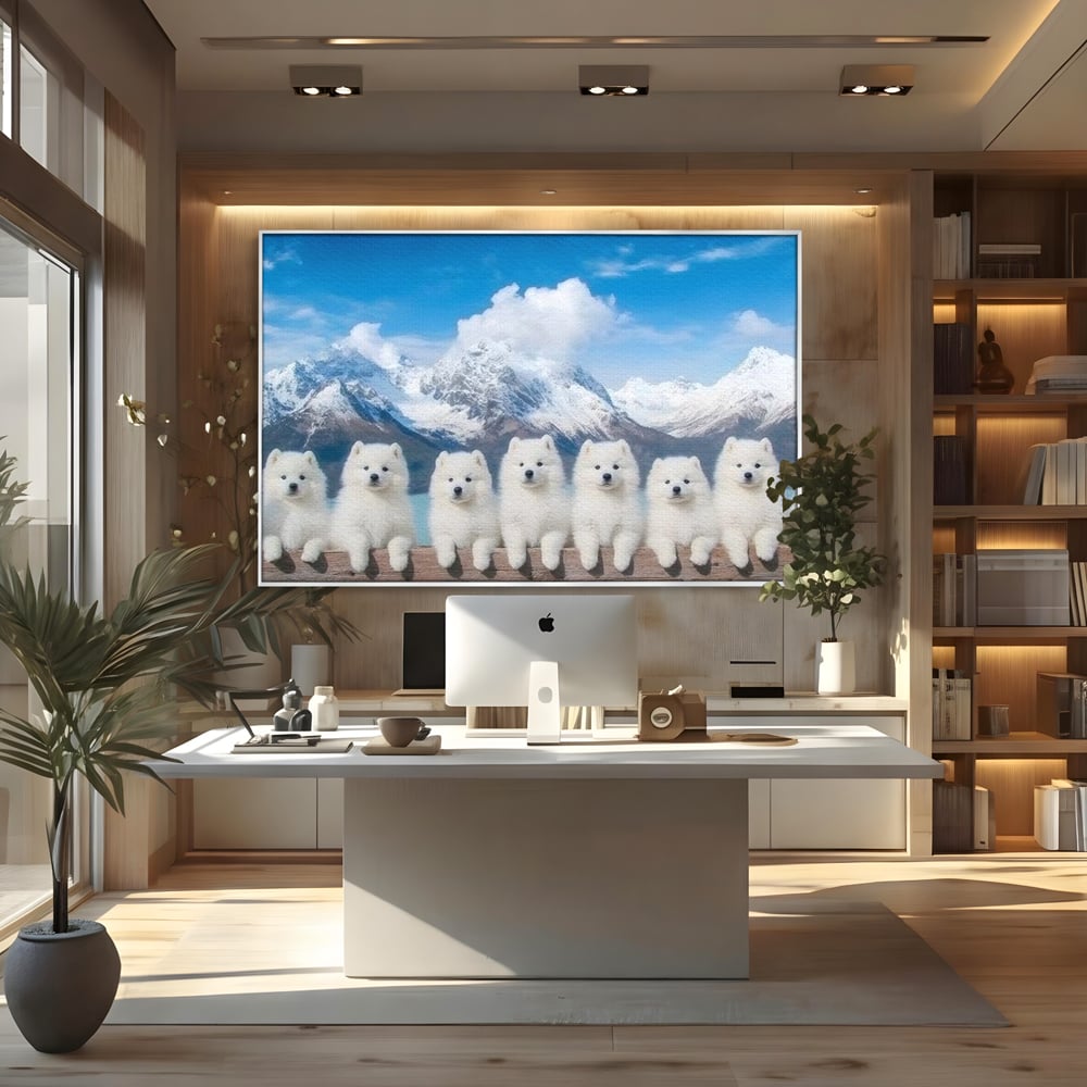 Tablou Canvas Premium, LuxCanva® M1270, Micutii Alpinisti, Peisaj, Munti, Catei, Pufosenii, Iarna, Zapada, Nori, Grup, Prieteni, Senin, Panorama, Natura, Birou, Living, Camera Copil