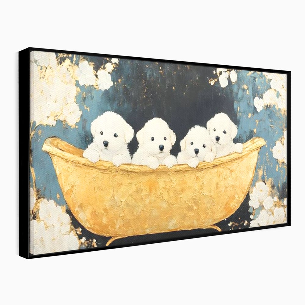 Tablou Canvas Premium, LuxCanva® M1271, Patru Pufuleti in Cada, Baie, Cada, Vintage, Auriu, Catelusi, Pufos, Marmura, Curat, Pictura, Grup, Joaca, Dragalas, Birou, Living, Camera Copil