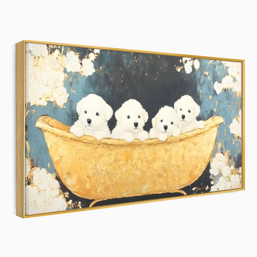 Tablou Canvas Premium, LuxCanva® M1271, Patru Pufuleti in Cada, Baie, Cada, Vintage, Auriu, Catelusi, Pufos, Marmura, Curat, Pictura, Grup, Joaca, Dragalas, Birou, Living, Camera Copil