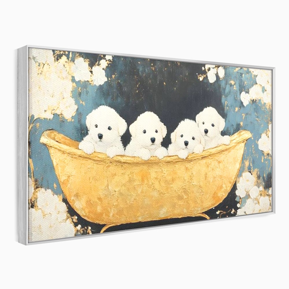 Tablou Canvas Premium, LuxCanva® M1271, Patru Pufuleti in Cada, Baie, Cada, Vintage, Auriu, Catelusi, Pufos, Marmura, Curat, Pictura, Grup, Joaca, Dragalas, Birou, Living, Camera Copil
