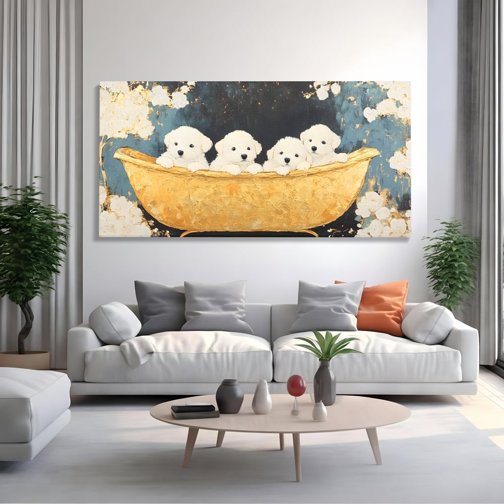 Tablou Canvas Premium, LuxCanva® M1271, Patru Pufuleti in Cada, Baie, Cada, Vintage, Auriu, Catelusi, Pufos, Marmura, Curat, Pictura, Grup, Joaca, Dragalas, Birou, Living, Camera Copil