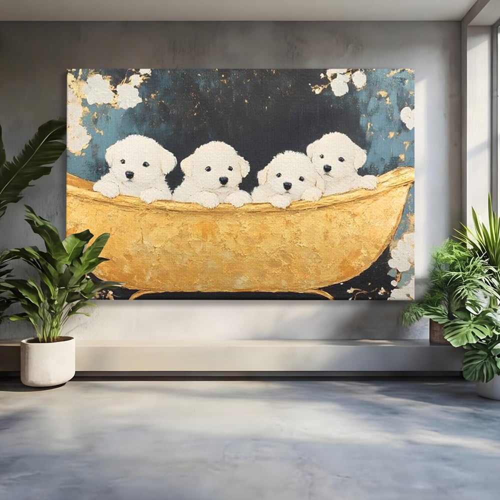 Tablou Canvas Premium, LuxCanva® M1271, Patru Pufuleti in Cada, Baie, Cada, Vintage, Auriu, Catelusi, Pufos, Marmura, Curat, Pictura, Grup, Joaca, Dragalas, Birou, Living, Camera Copil