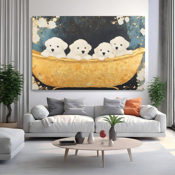 Tablou Canvas Premium, LuxCanva® M1271, Patru Pufuleti in Cada, Baie, Cada, Vintage, Auriu, Catelusi, Pufos, Marmura, Curat, Pictura, Grup, Joaca, Dragalas, Birou, Living, Camera Copil