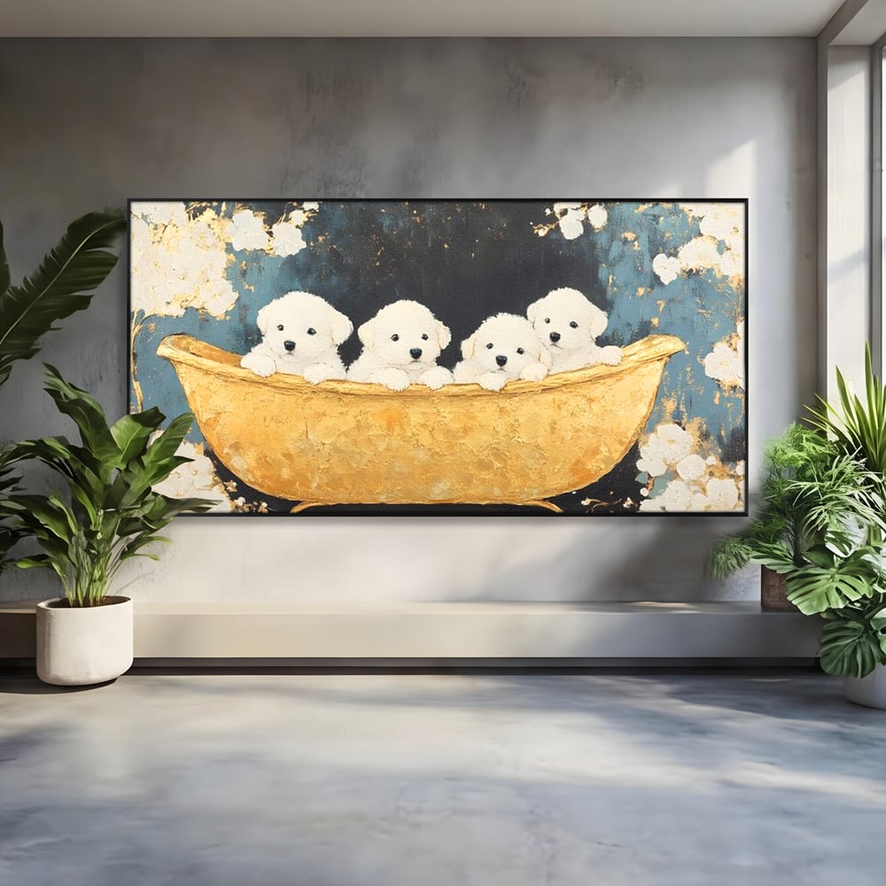 Tablou Canvas Premium, LuxCanva® M1271, Patru Pufuleti in Cada, Baie, Cada, Vintage, Auriu, Catelusi, Pufos, Marmura, Curat, Pictura, Grup, Joaca, Dragalas, Birou, Living, Camera Copil