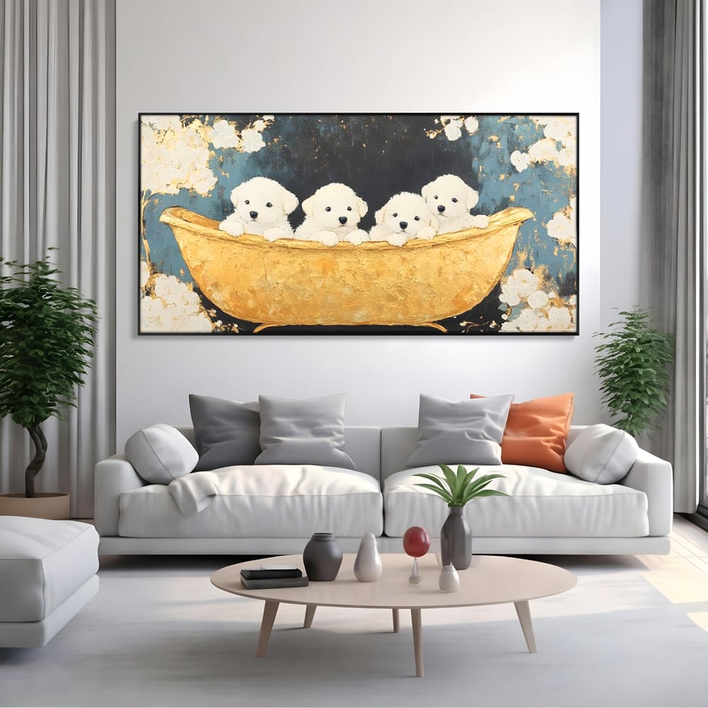 Tablou Canvas Premium, LuxCanva® M1271, Patru Pufuleti in Cada, Baie, Cada, Vintage, Auriu, Catelusi, Pufos, Marmura, Curat, Pictura, Grup, Joaca, Dragalas, Birou, Living, Camera Copil