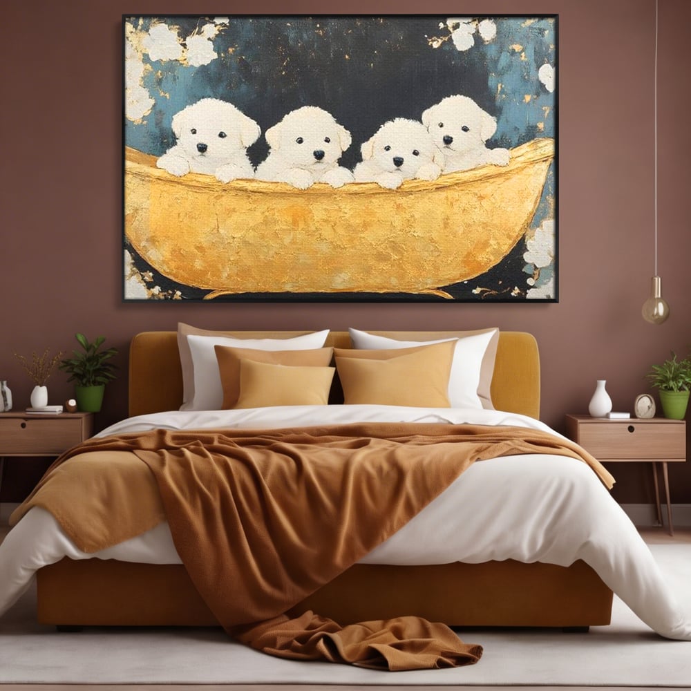 Tablou Canvas Premium, LuxCanva® M1271, Patru Pufuleti in Cada, Baie, Cada, Vintage, Auriu, Catelusi, Pufos, Marmura, Curat, Pictura, Grup, Joaca, Dragalas, Birou, Living, Camera Copil