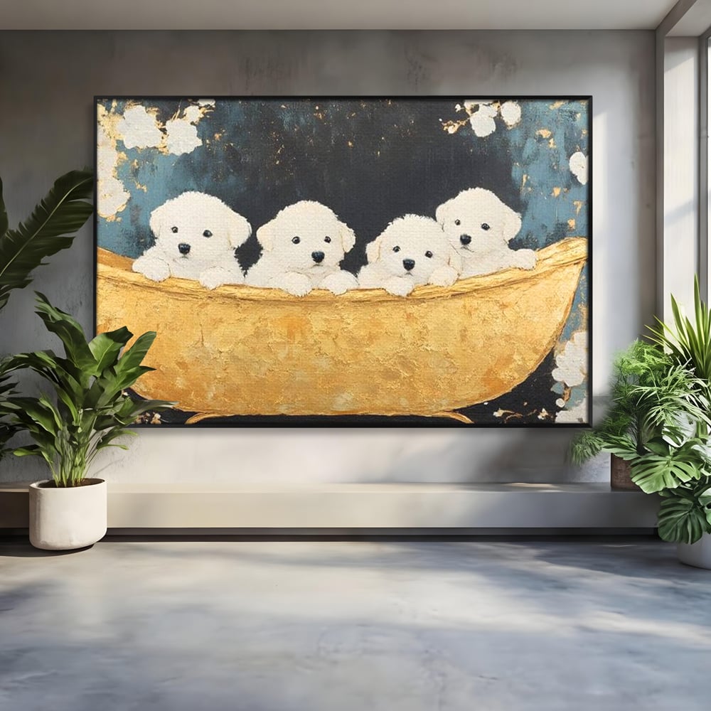 Tablou Canvas Premium, LuxCanva® M1271, Patru Pufuleti in Cada, Baie, Cada, Vintage, Auriu, Catelusi, Pufos, Marmura, Curat, Pictura, Grup, Joaca, Dragalas, Birou, Living, Camera Copil