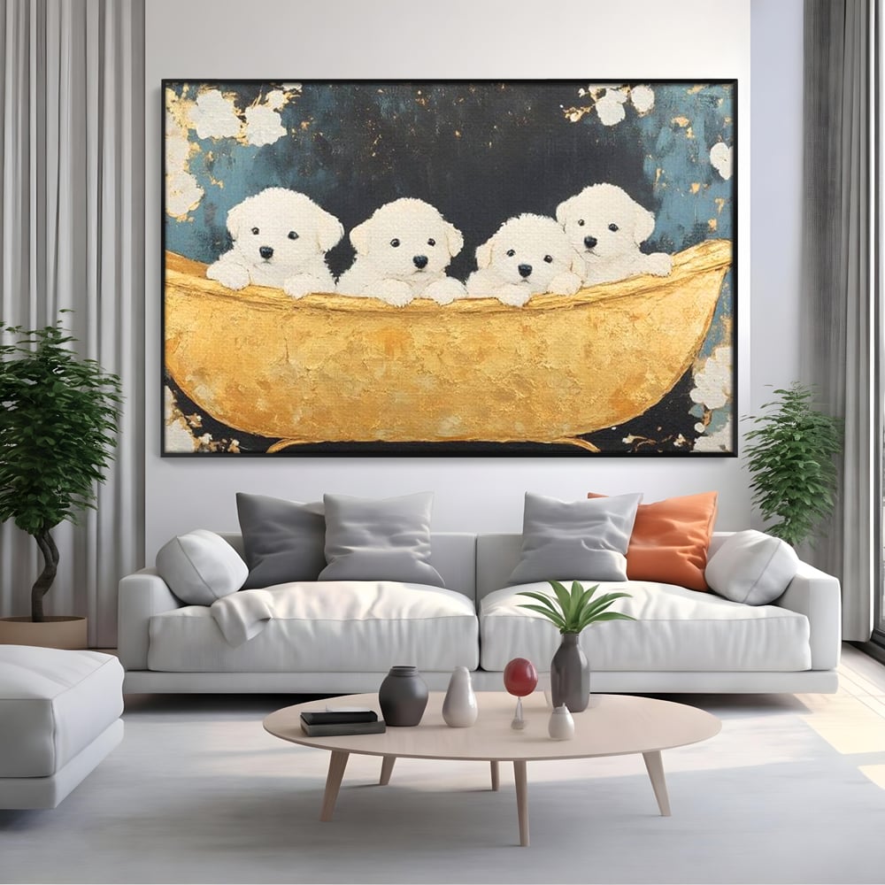 Tablou Canvas Premium, LuxCanva® M1271, Patru Pufuleti in Cada, Baie, Cada, Vintage, Auriu, Catelusi, Pufos, Marmura, Curat, Pictura, Grup, Joaca, Dragalas, Birou, Living, Camera Copil
