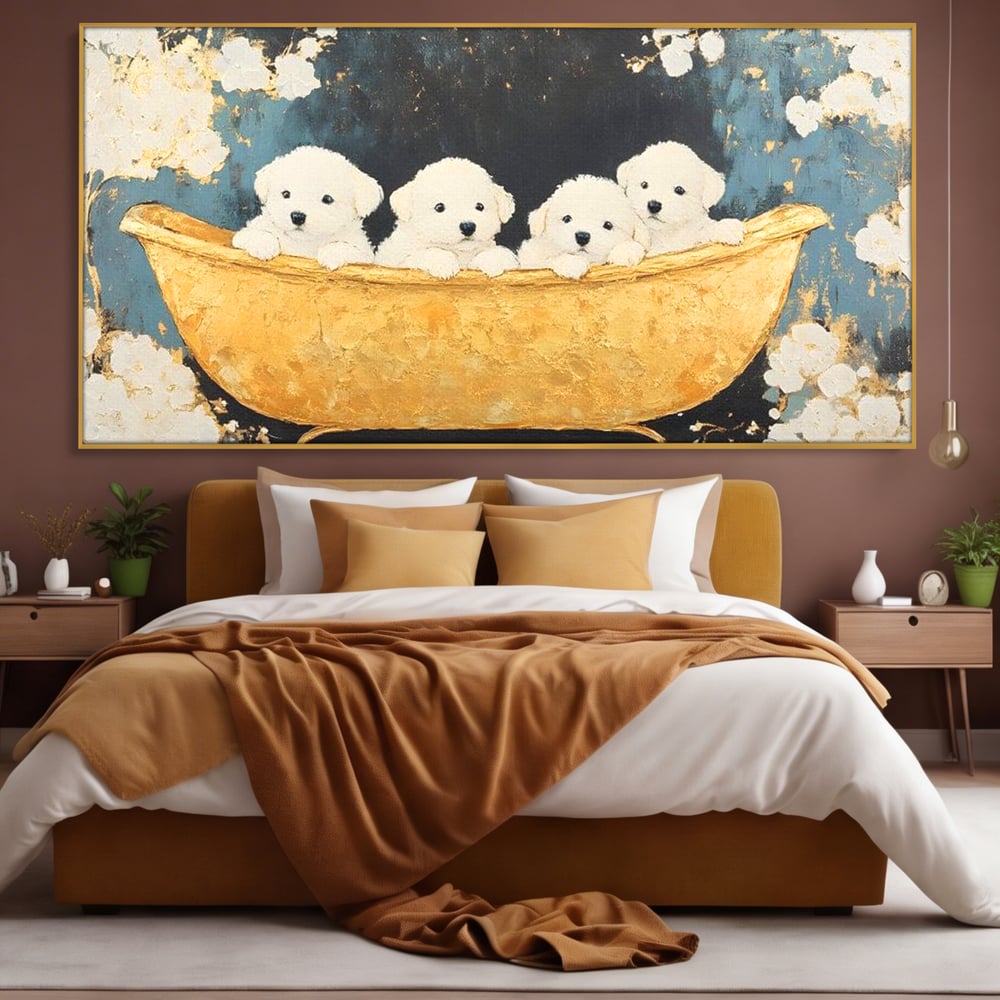 Tablou Canvas Premium, LuxCanva® M1271, Patru Pufuleti in Cada, Baie, Cada, Vintage, Auriu, Catelusi, Pufos, Marmura, Curat, Pictura, Grup, Joaca, Dragalas, Birou, Living, Camera Copil