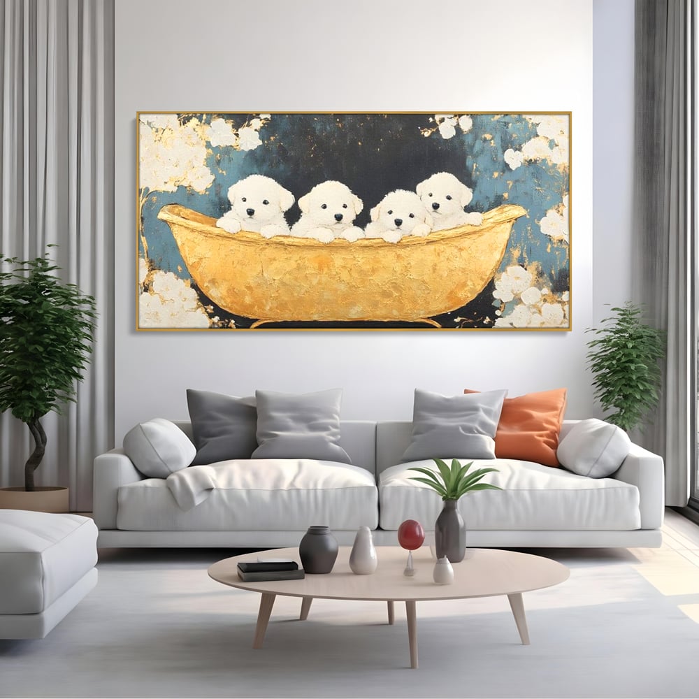 Tablou Canvas Premium, LuxCanva® M1271, Patru Pufuleti in Cada, Baie, Cada, Vintage, Auriu, Catelusi, Pufos, Marmura, Curat, Pictura, Grup, Joaca, Dragalas, Birou, Living, Camera Copil