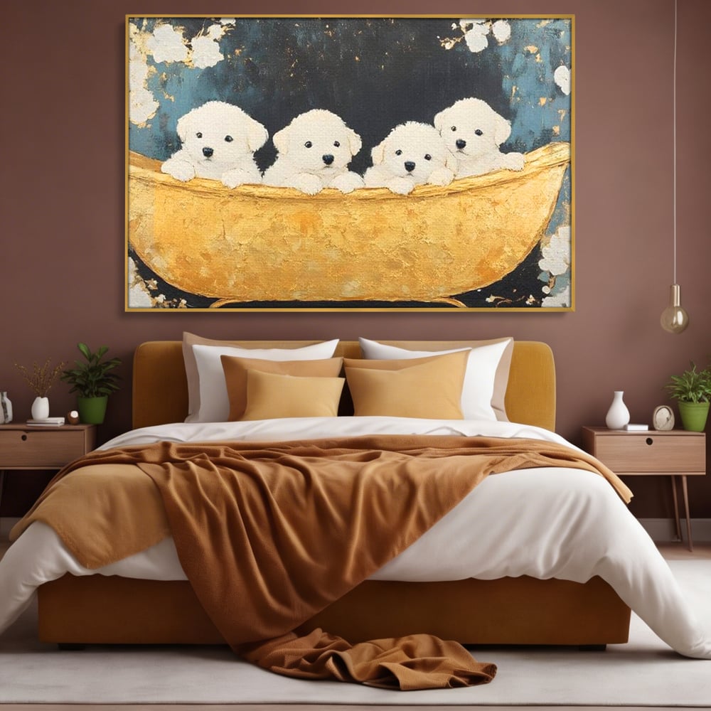 Tablou Canvas Premium, LuxCanva® M1271, Patru Pufuleti in Cada, Baie, Cada, Vintage, Auriu, Catelusi, Pufos, Marmura, Curat, Pictura, Grup, Joaca, Dragalas, Birou, Living, Camera Copil