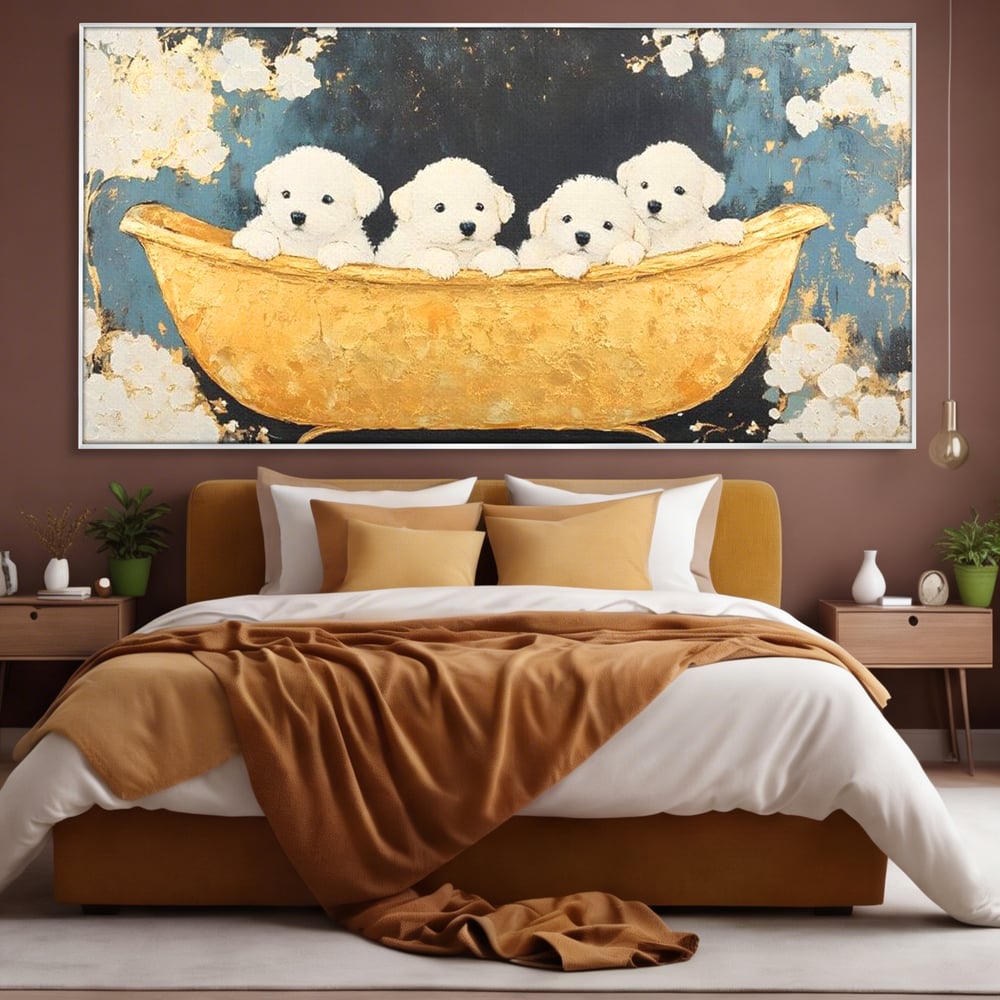 Tablou Canvas Premium, LuxCanva® M1271, Patru Pufuleti in Cada, Baie, Cada, Vintage, Auriu, Catelusi, Pufos, Marmura, Curat, Pictura, Grup, Joaca, Dragalas, Birou, Living, Camera Copil