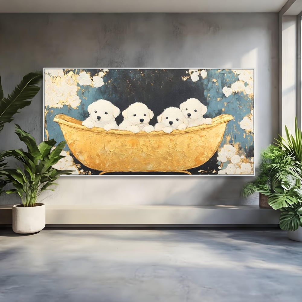 Tablou Canvas Premium, LuxCanva® M1271, Patru Pufuleti in Cada, Baie, Cada, Vintage, Auriu, Catelusi, Pufos, Marmura, Curat, Pictura, Grup, Joaca, Dragalas, Birou, Living, Camera Copil