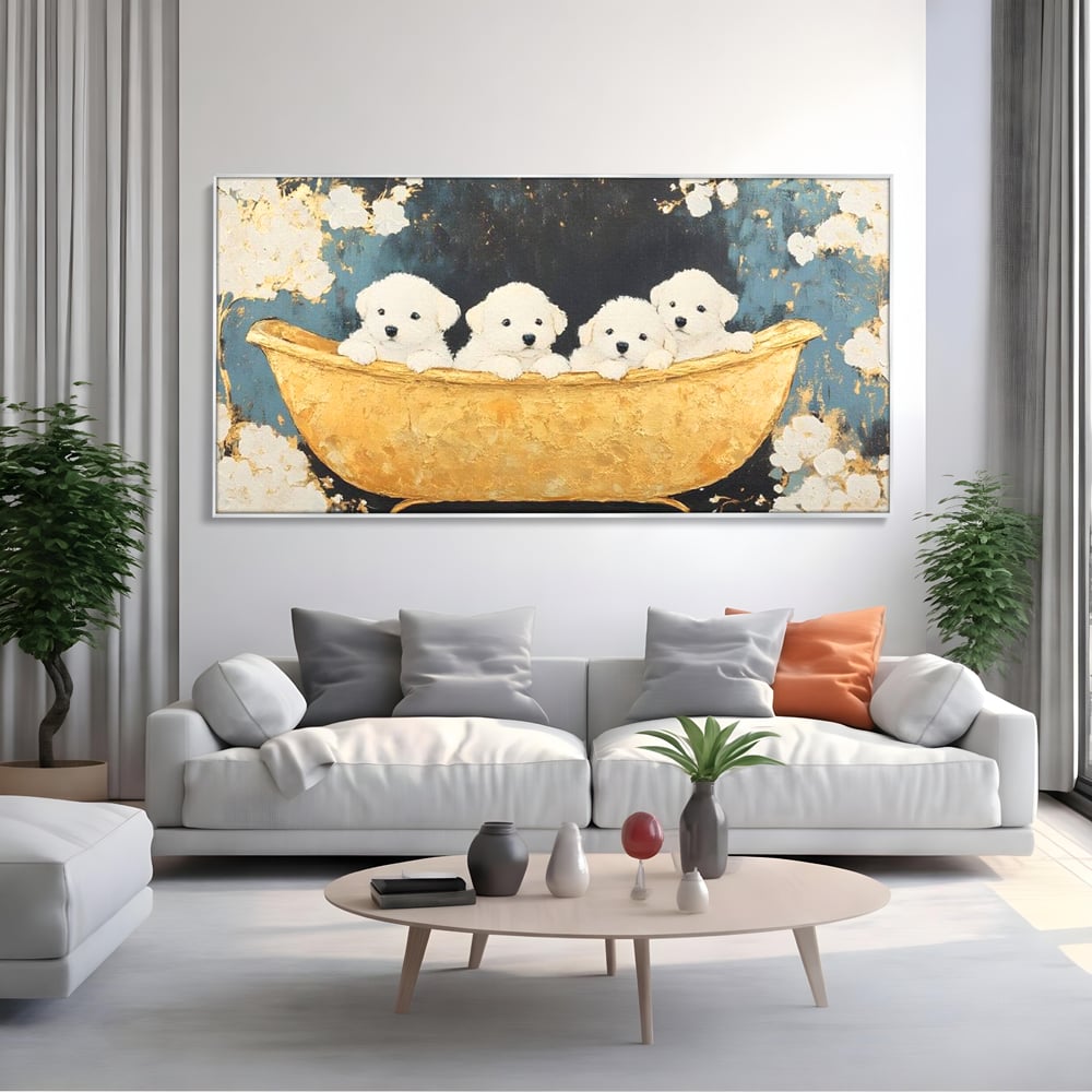 Tablou Canvas Premium, LuxCanva® M1271, Patru Pufuleti in Cada, Baie, Cada, Vintage, Auriu, Catelusi, Pufos, Marmura, Curat, Pictura, Grup, Joaca, Dragalas, Birou, Living, Camera Copil