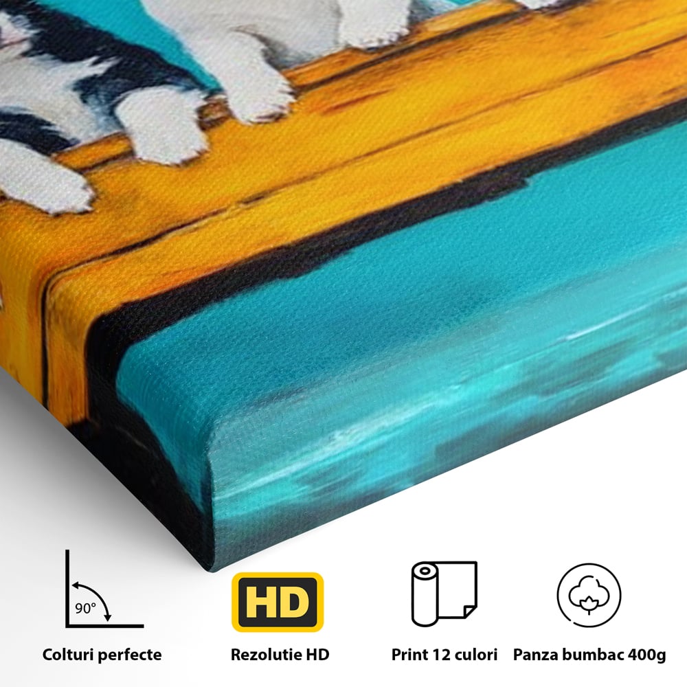 Fotoleinwand Canvas Premium, LuxCanva® M1272, Welpen-Expedition, Hunde-Expedition, Kutsche, Herr, Gruppe, Hund, Spiel, Rustikal, Freunde, Abenteuer, Abenteuer, fröhlich, Rad, Holz, Malerei, Büro, Wohnen, Wohnzimmer, Kinderzimmer