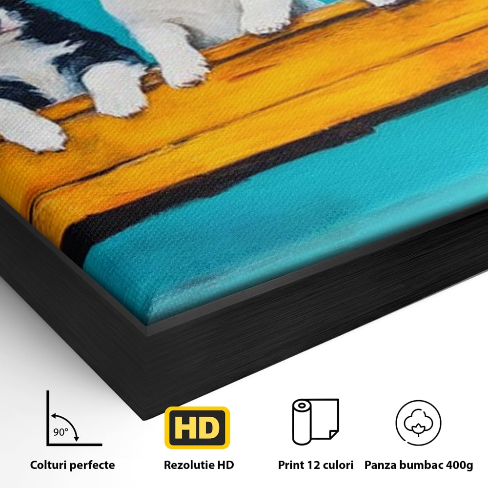 Fotoleinwand Canvas Premium, LuxCanva® M1272, Welpen-Expedition, Hunde-Expedition, Kutsche, Herr, Gruppe, Hund, Spiel, Rustikal, Freunde, Abenteuer, Abenteuer, fröhlich, Rad, Holz, Malerei, Büro, Wohnen, Wohnzimmer, Kinderzimmer
