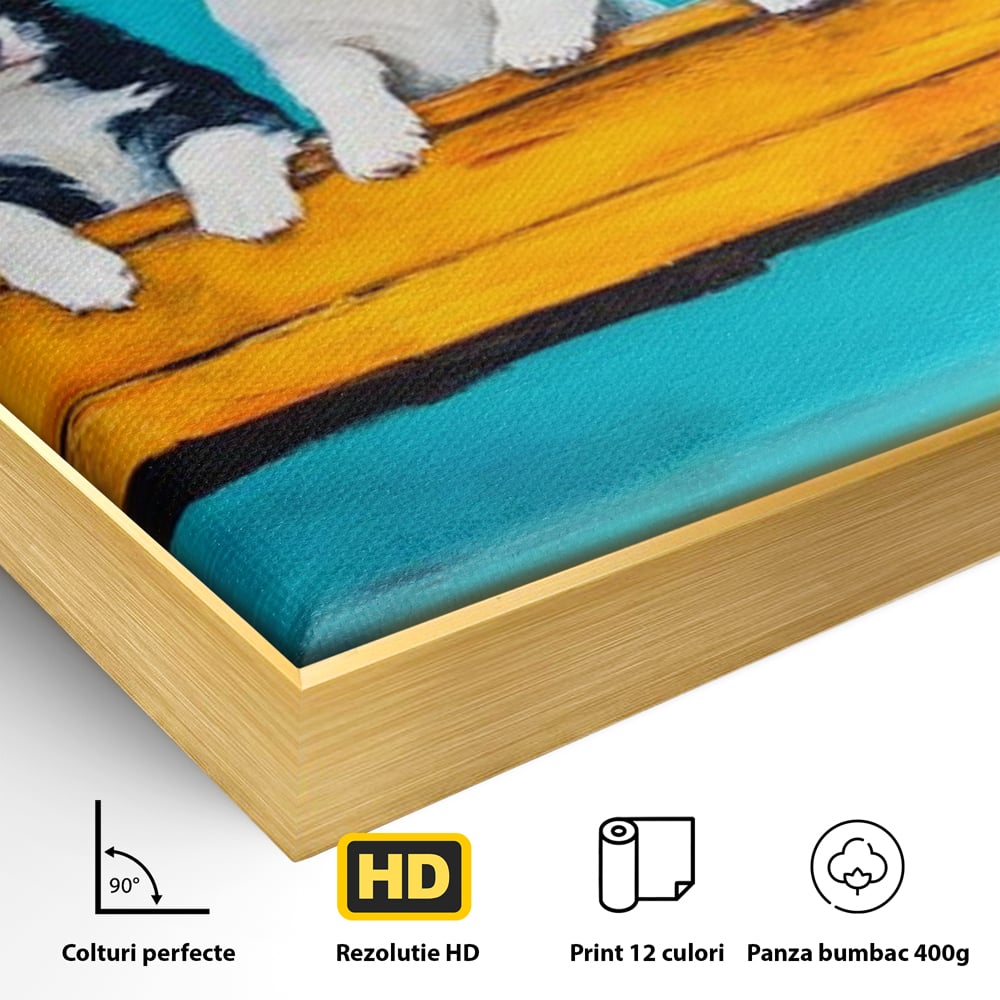 Fotoleinwand Canvas Premium, LuxCanva® M1272, Welpen-Expedition, Hunde-Expedition, Kutsche, Herr, Gruppe, Hund, Spiel, Rustikal, Freunde, Abenteuer, Abenteuer, fröhlich, Rad, Holz, Malerei, Büro, Wohnen, Wohnzimmer, Kinderzimmer