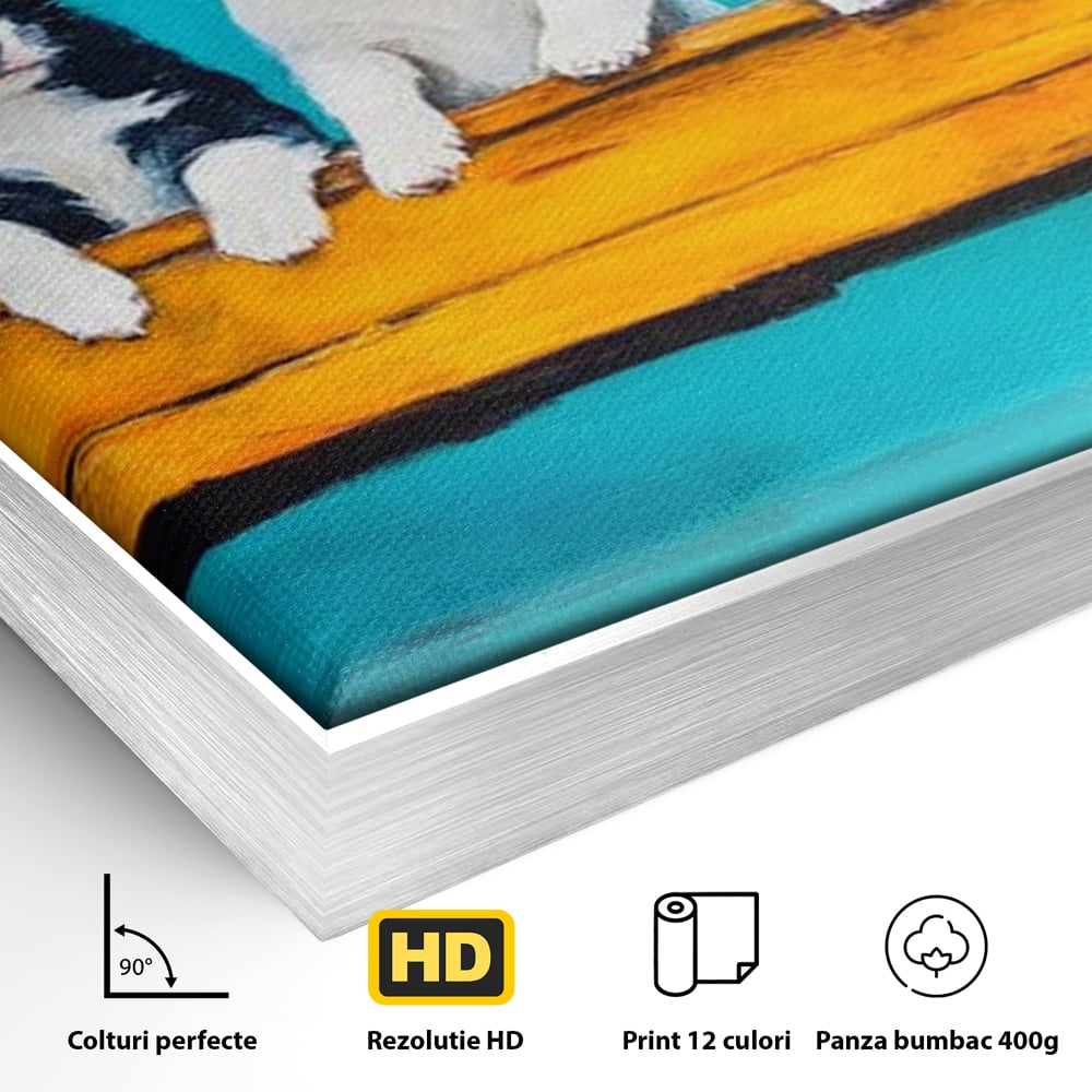 Fotoleinwand Canvas Premium, LuxCanva® M1272, Welpen-Expedition, Hunde-Expedition, Kutsche, Herr, Gruppe, Hund, Spiel, Rustikal, Freunde, Abenteuer, Abenteuer, fröhlich, Rad, Holz, Malerei, Büro, Wohnen, Wohnzimmer, Kinderzimmer