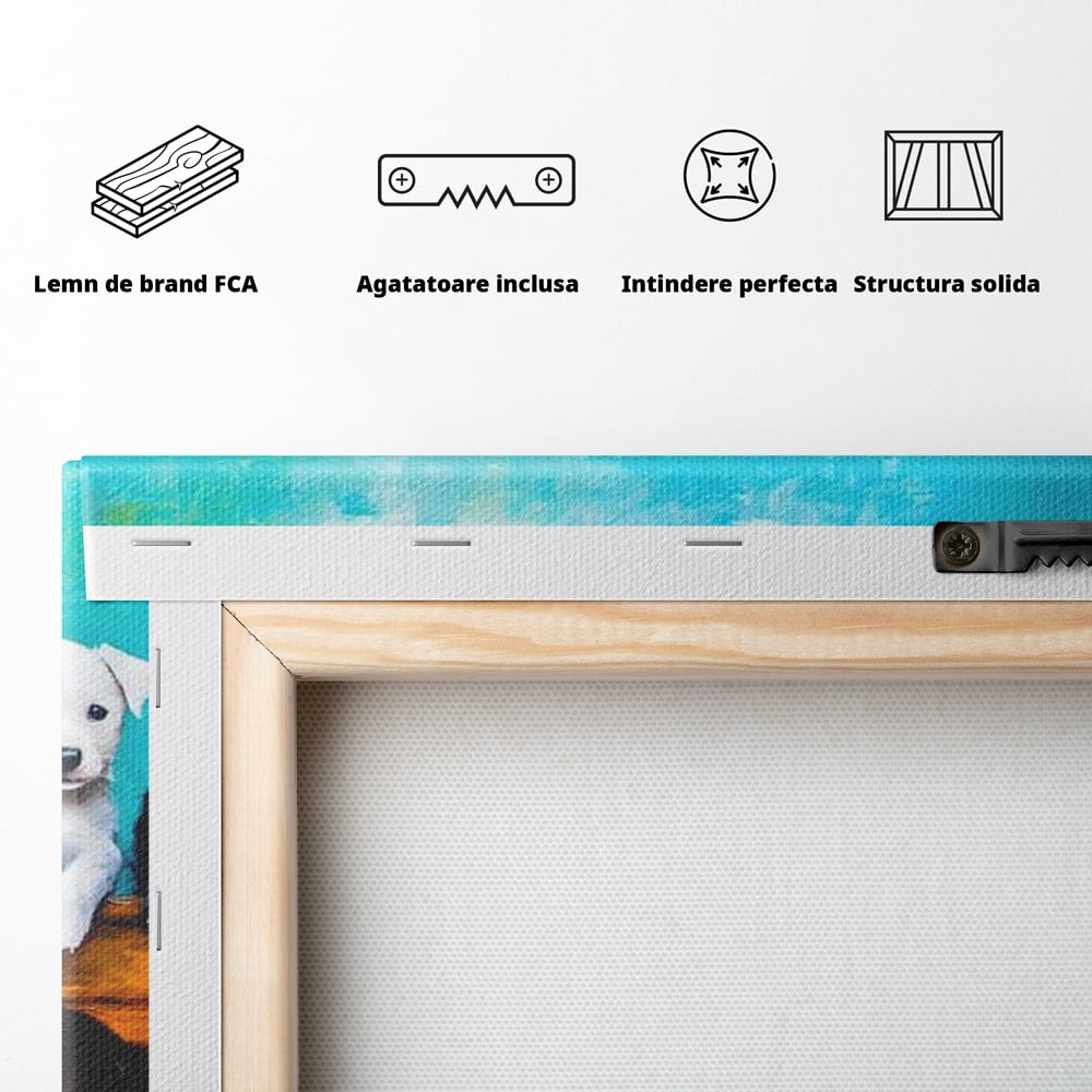 Fotoleinwand Canvas Premium, LuxCanva® M1272, Welpen-Expedition, Hunde-Expedition, Kutsche, Herr, Gruppe, Hund, Spiel, Rustikal, Freunde, Abenteuer, Abenteuer, fröhlich, Rad, Holz, Malerei, Büro, Wohnen, Wohnzimmer, Kinderzimmer